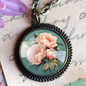 Pink Peony Flower Necklace - Spring Floral Ornate Jewelry - Indiana State Flower